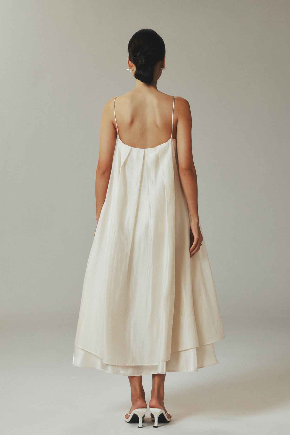Beige Tencel Tulle Spaghetti Strap Overlay Maxi Dress