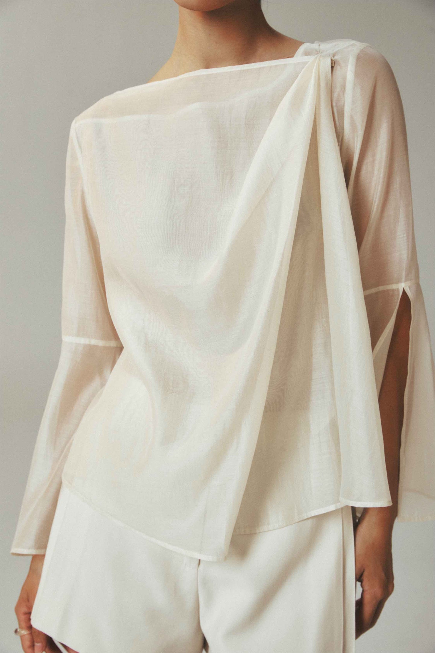 Lightweight Beige Tencel Long Sleeve Top