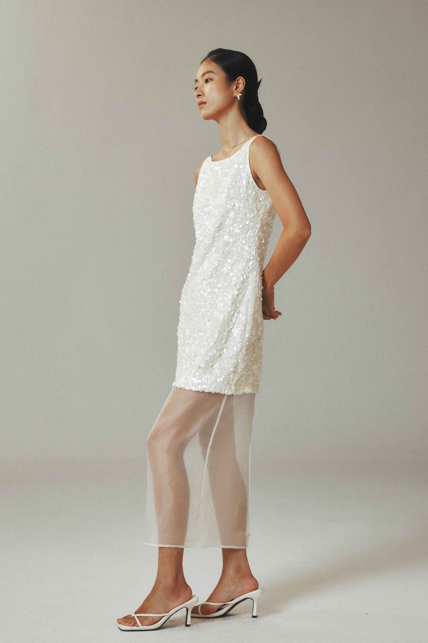 White Sequin Mini Dress with Tulle Overlay