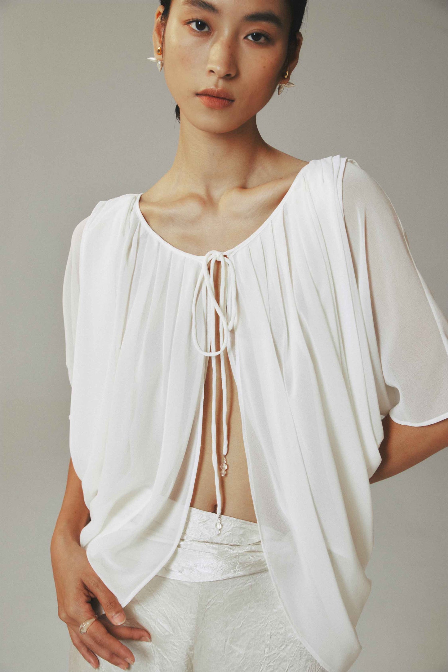 Water Drop Bead Tie Top with Half Sleeves