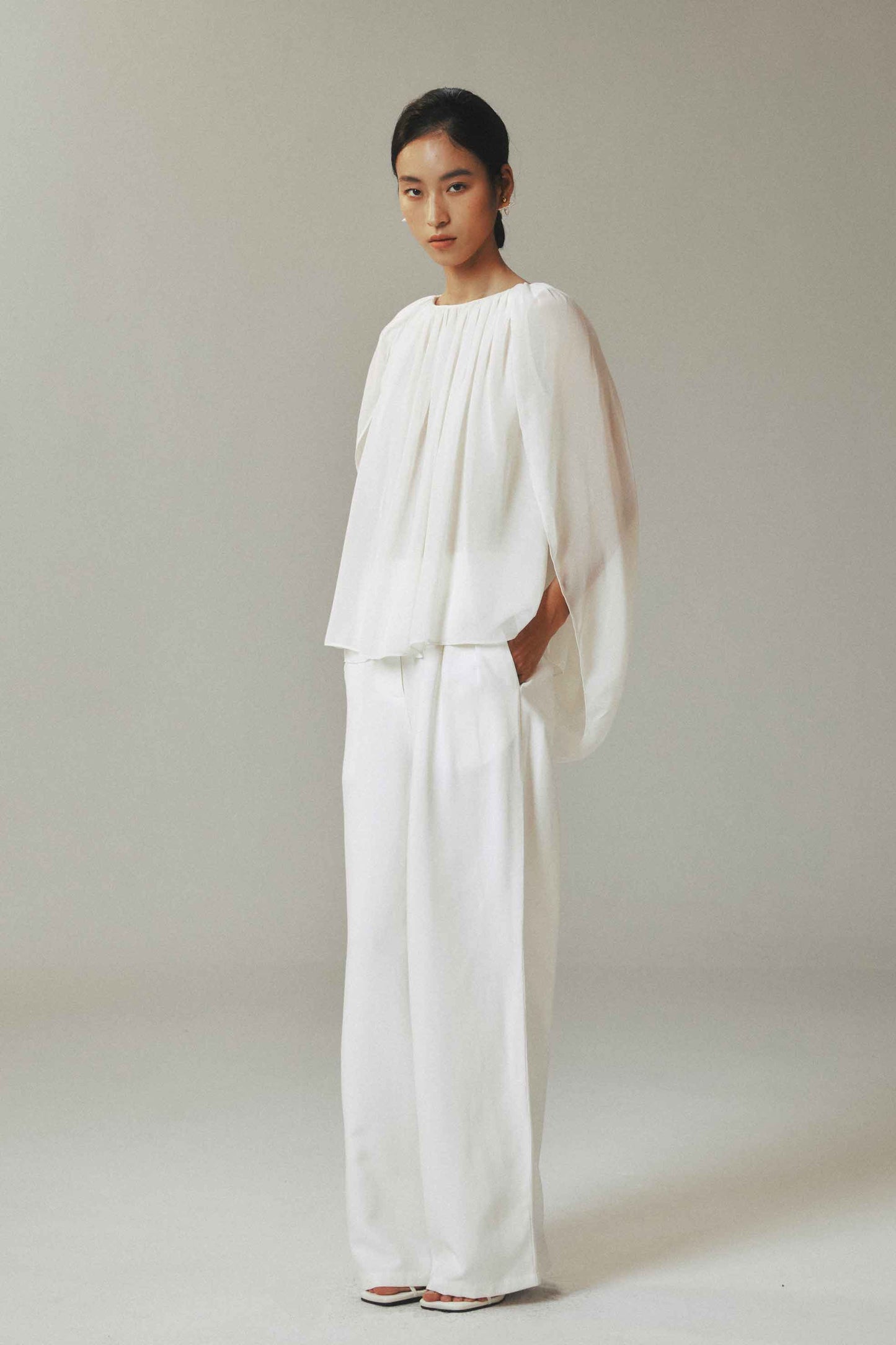 White Wide-Leg Pressed Pleat Trousers