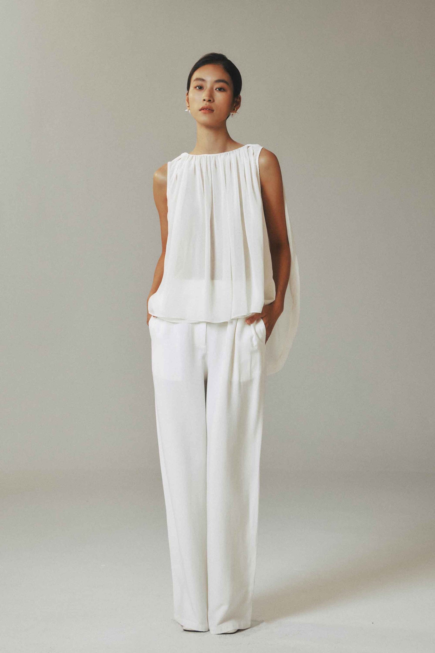 White Reversible Tulle Drape Top
