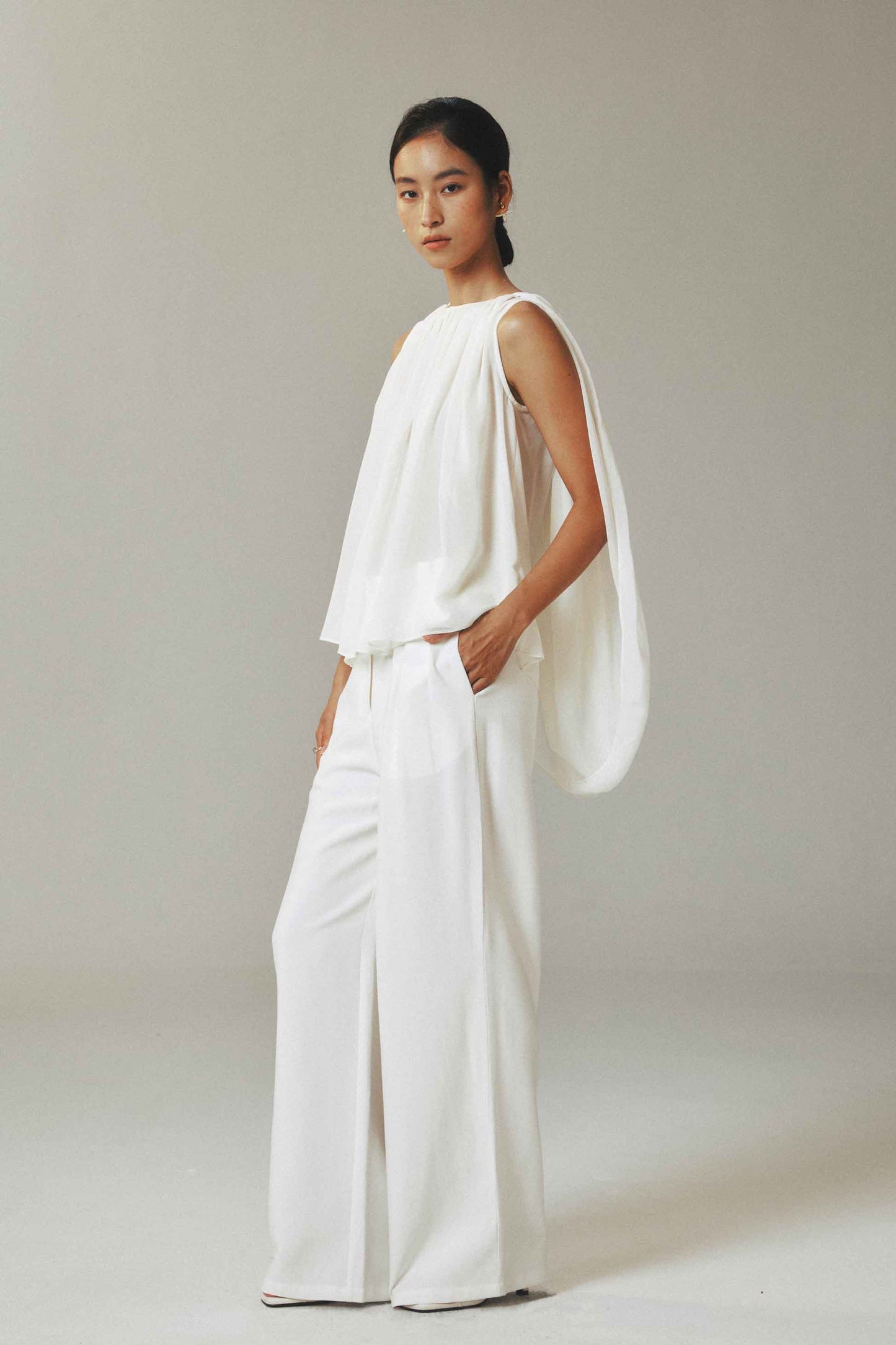 White Wide-Leg Pressed Pleat Trousers
