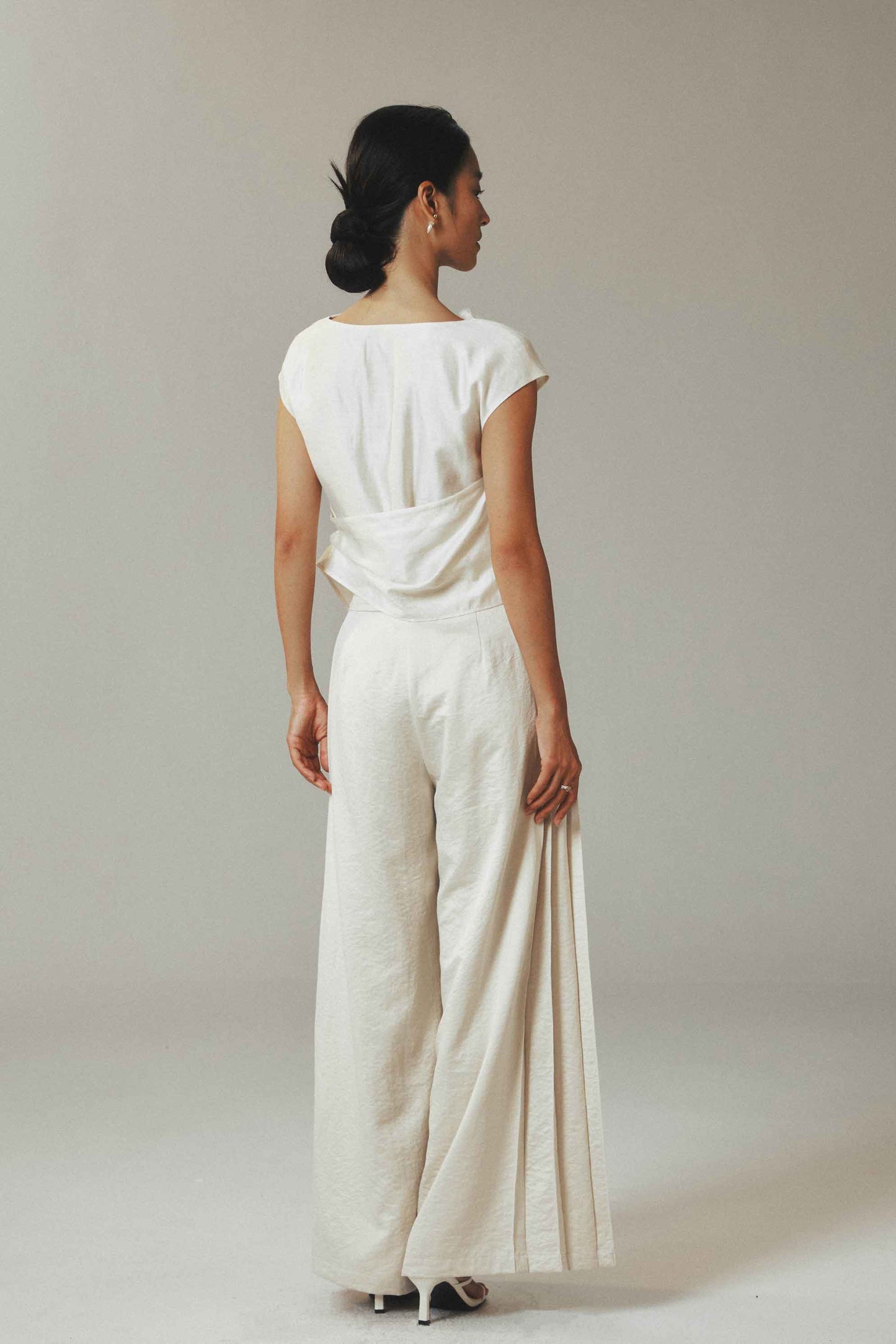 Beige Velvet Wide Leg Trousers with Side Pleats