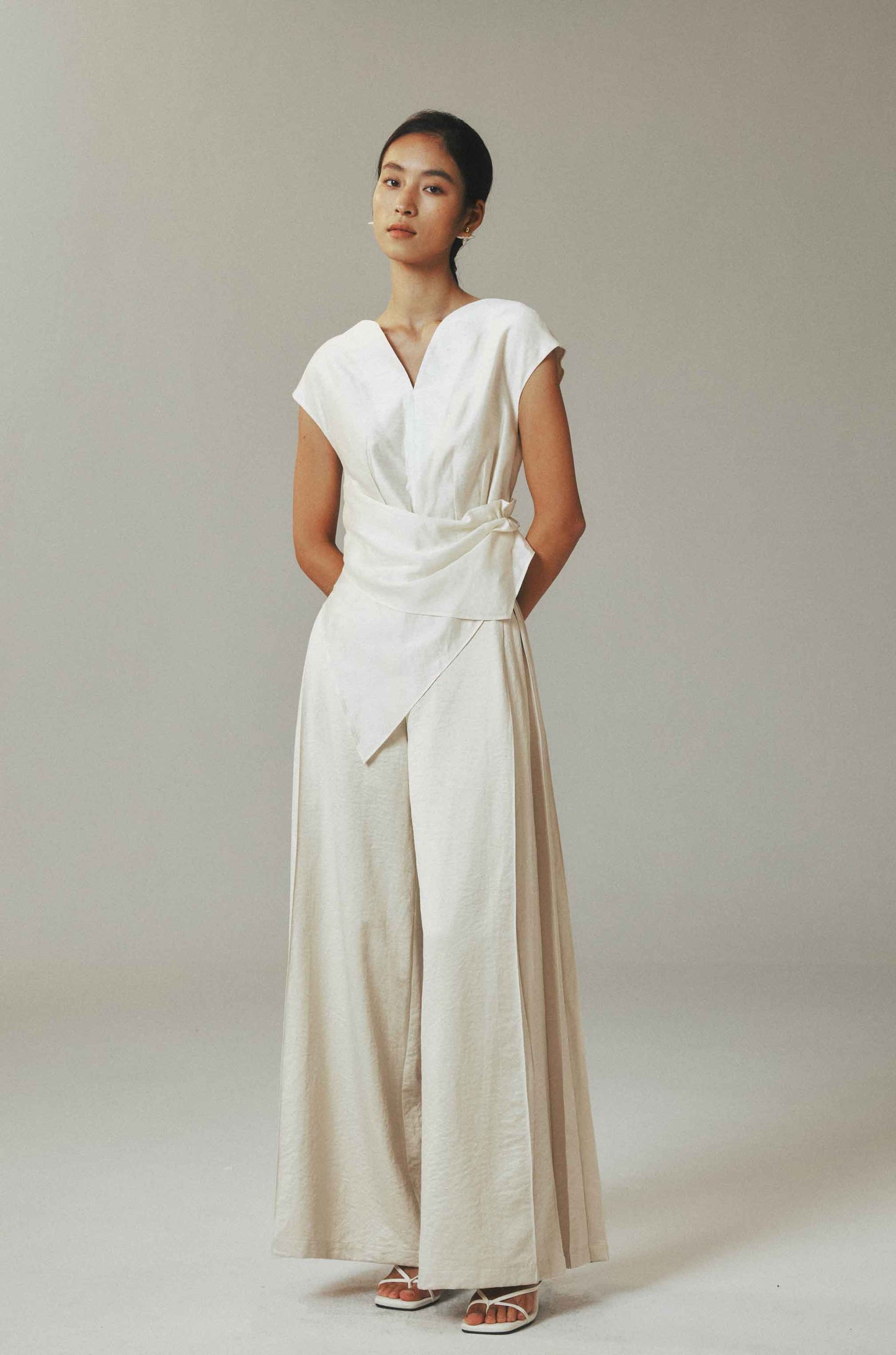 Beige Velvet Wide Leg Trousers with Side Pleats