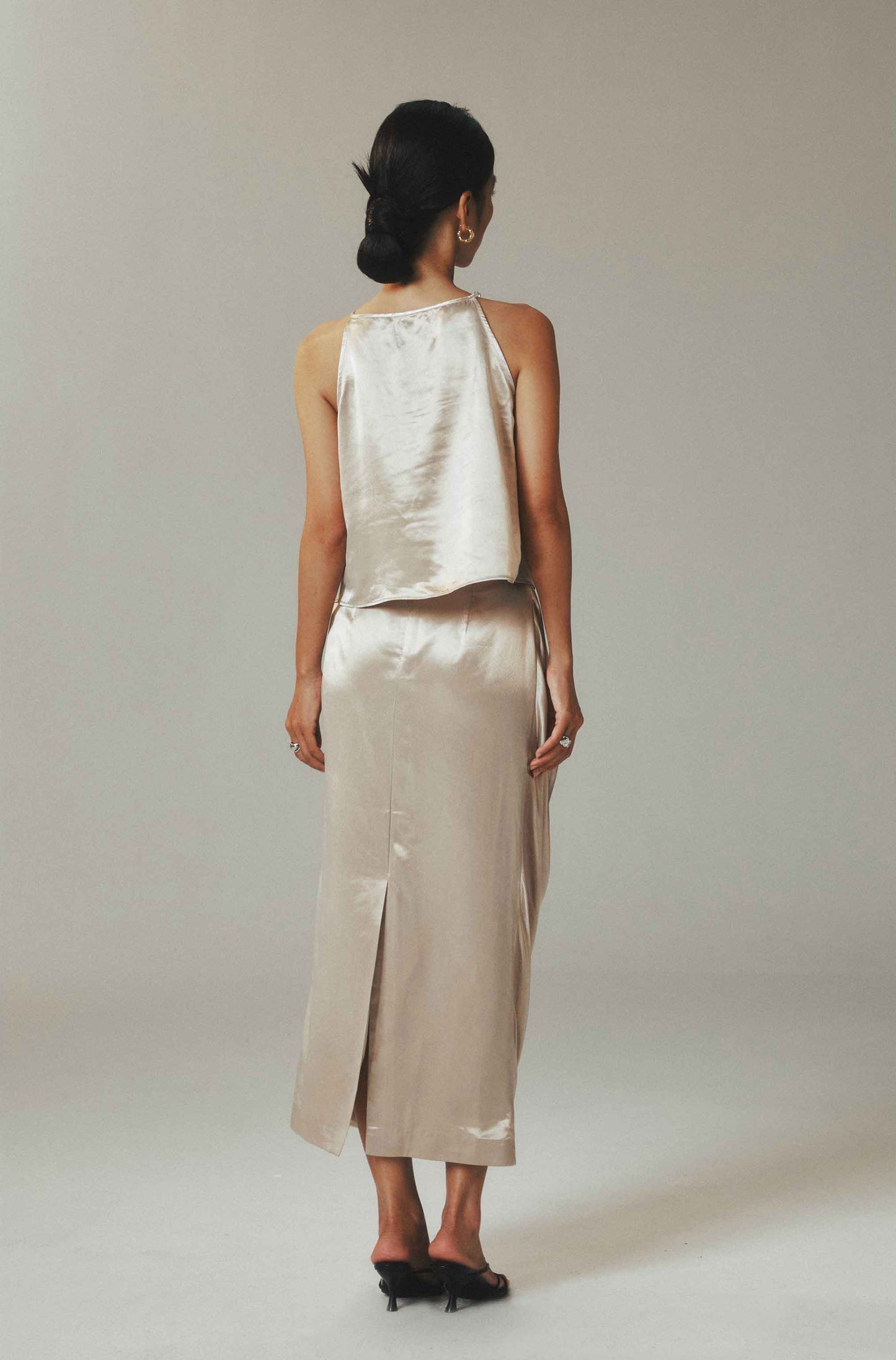 Champagne Ice Silk Halter Top with Crystal Beads
