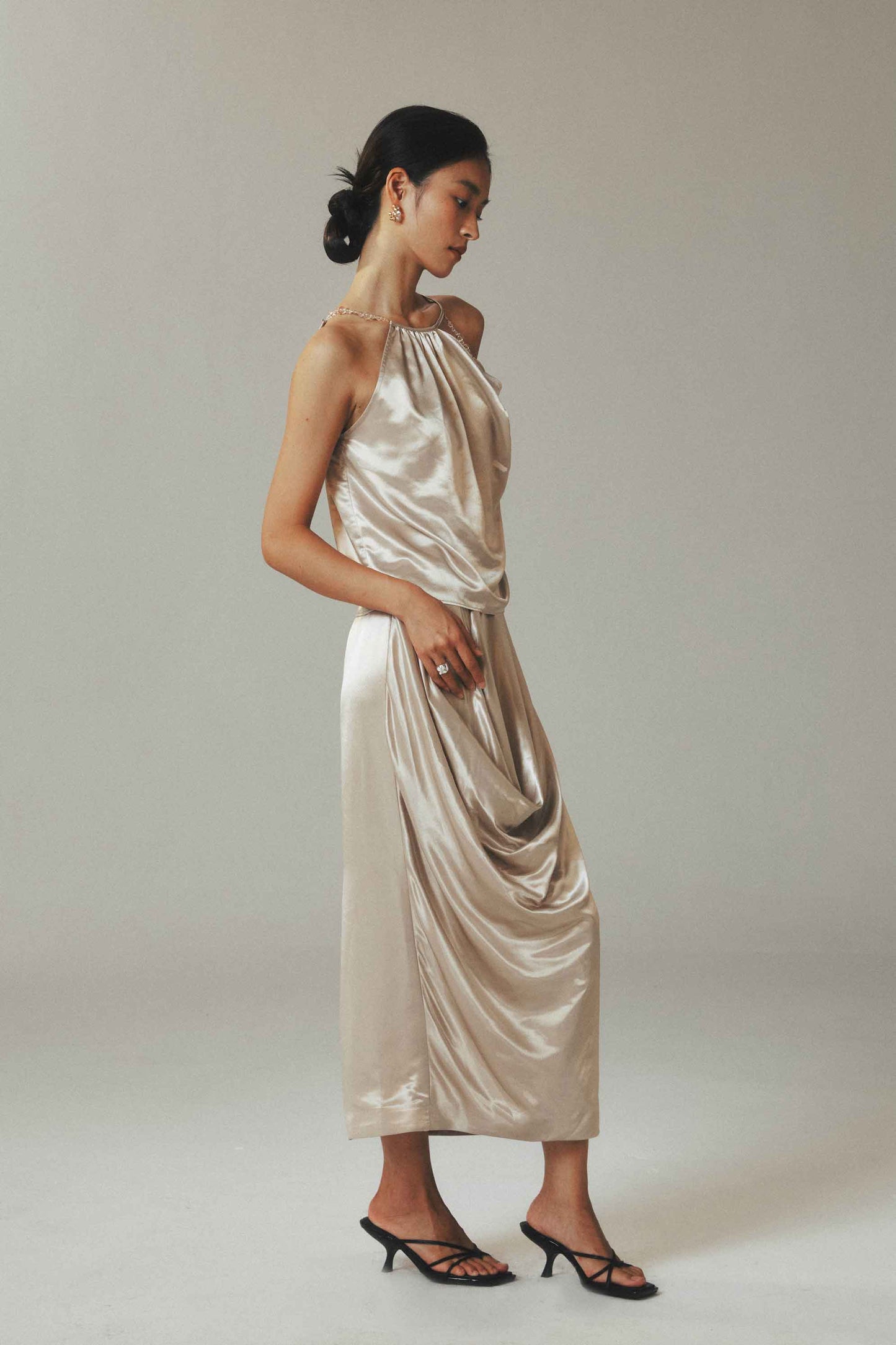 Champagne Ice Silk Halter Top with Crystal Beads