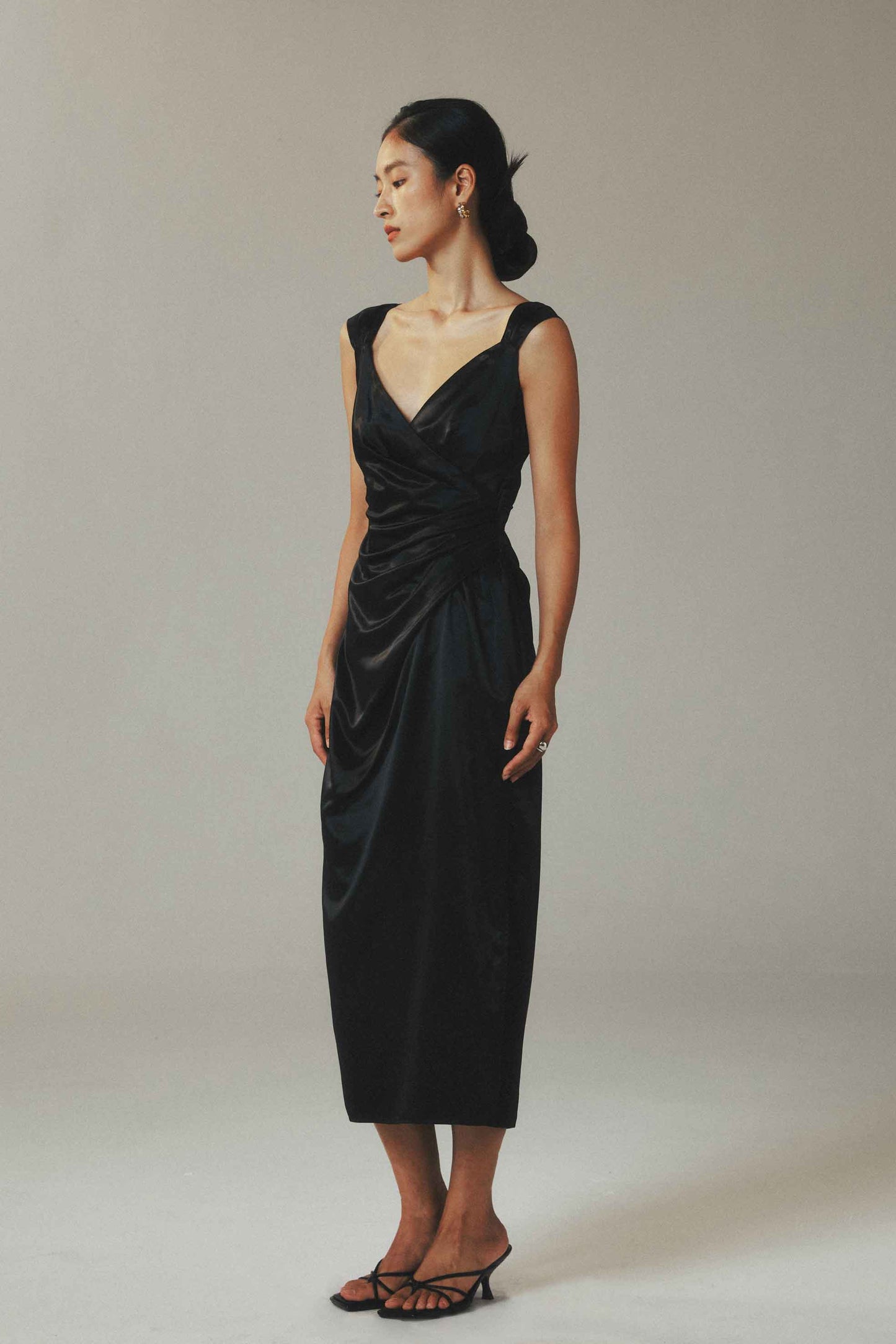 Black Ice Silk Maxi Dress with Pleated Waist