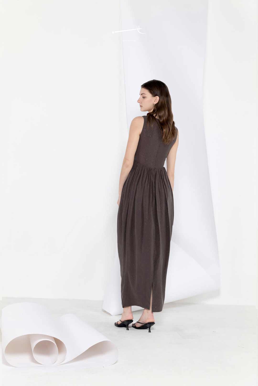 Grey Star-Pleated Flower-Pod Long Dress
