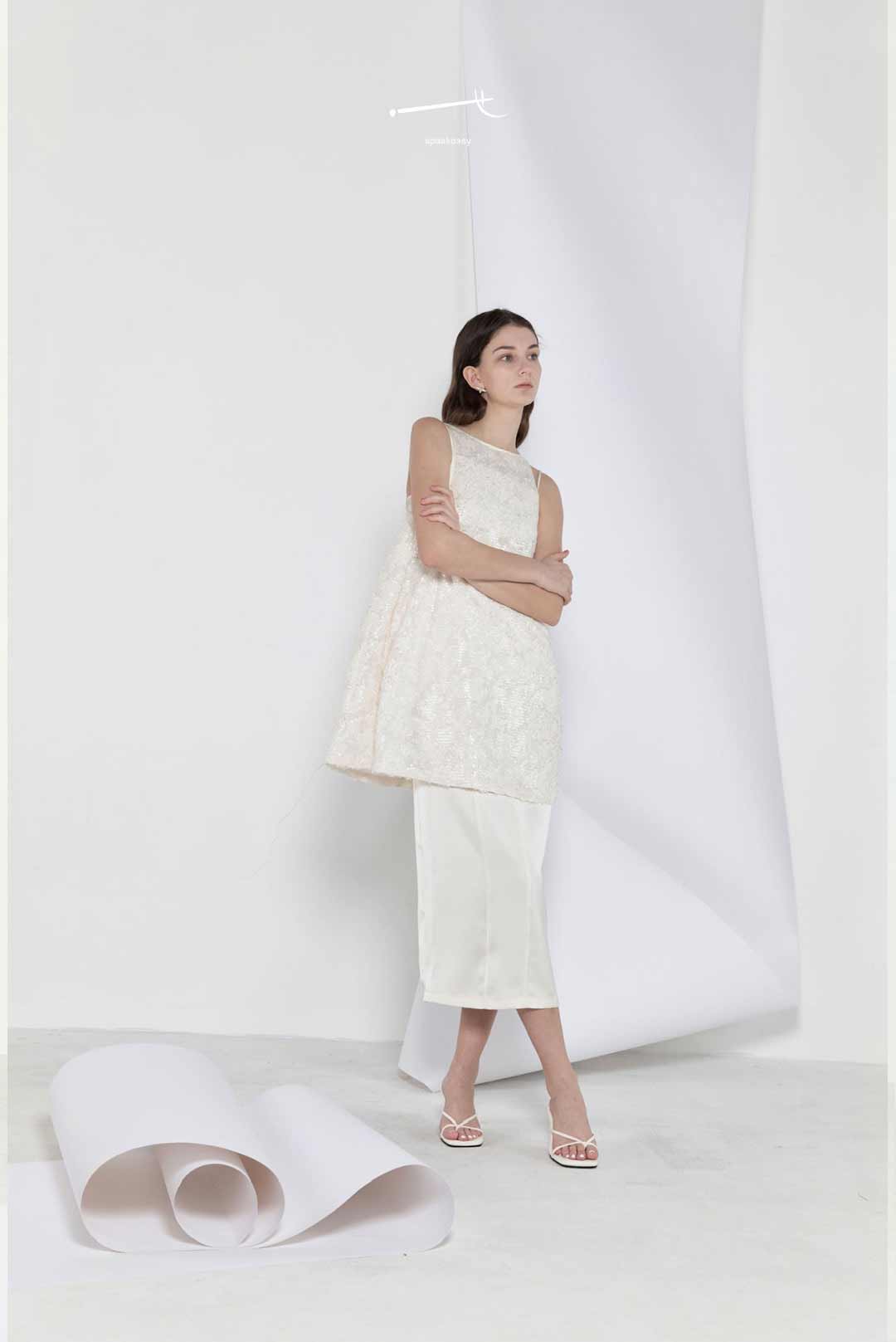 Beige Sequin Jacquard A-Line Skirt Top