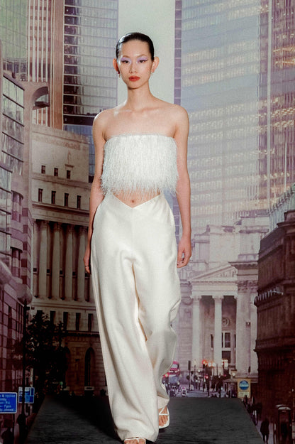 White Snowflake Fringe Bustier Top with Beige Patchwork Trousers