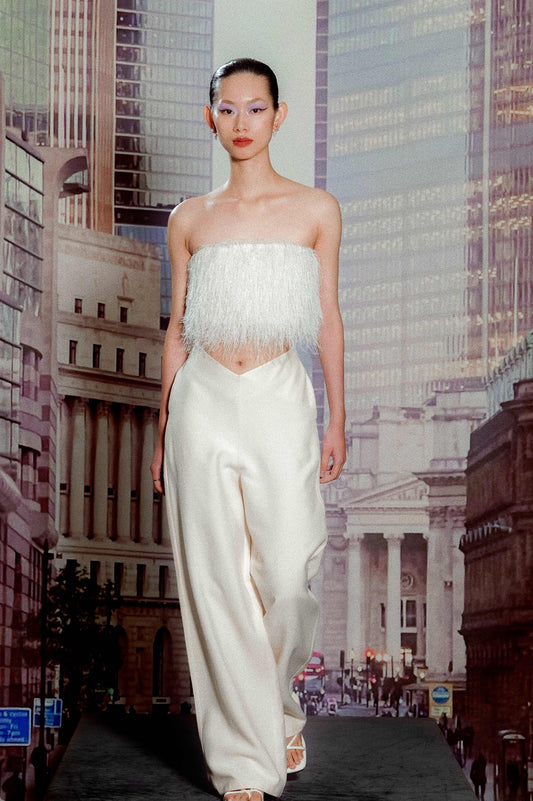White Snowflake Fringe Bustier Top with Beige Patchwork Trousers
