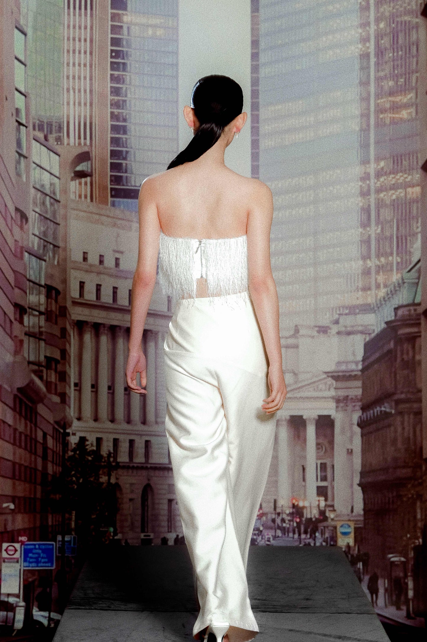 White Snowflake Fringe Bustier Top with Beige Patchwork Trousers