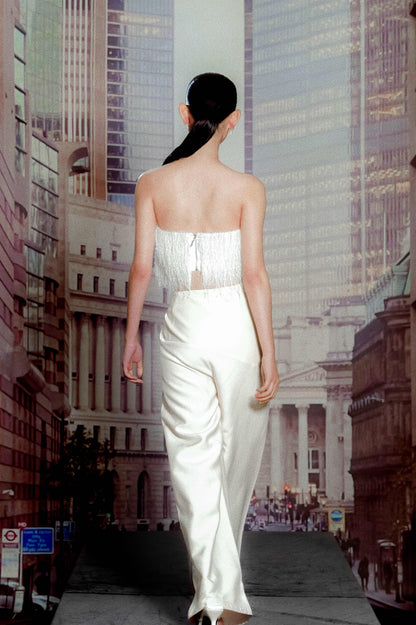 White Snowflake Fringe Bustier Top with Beige Patchwork Trousers