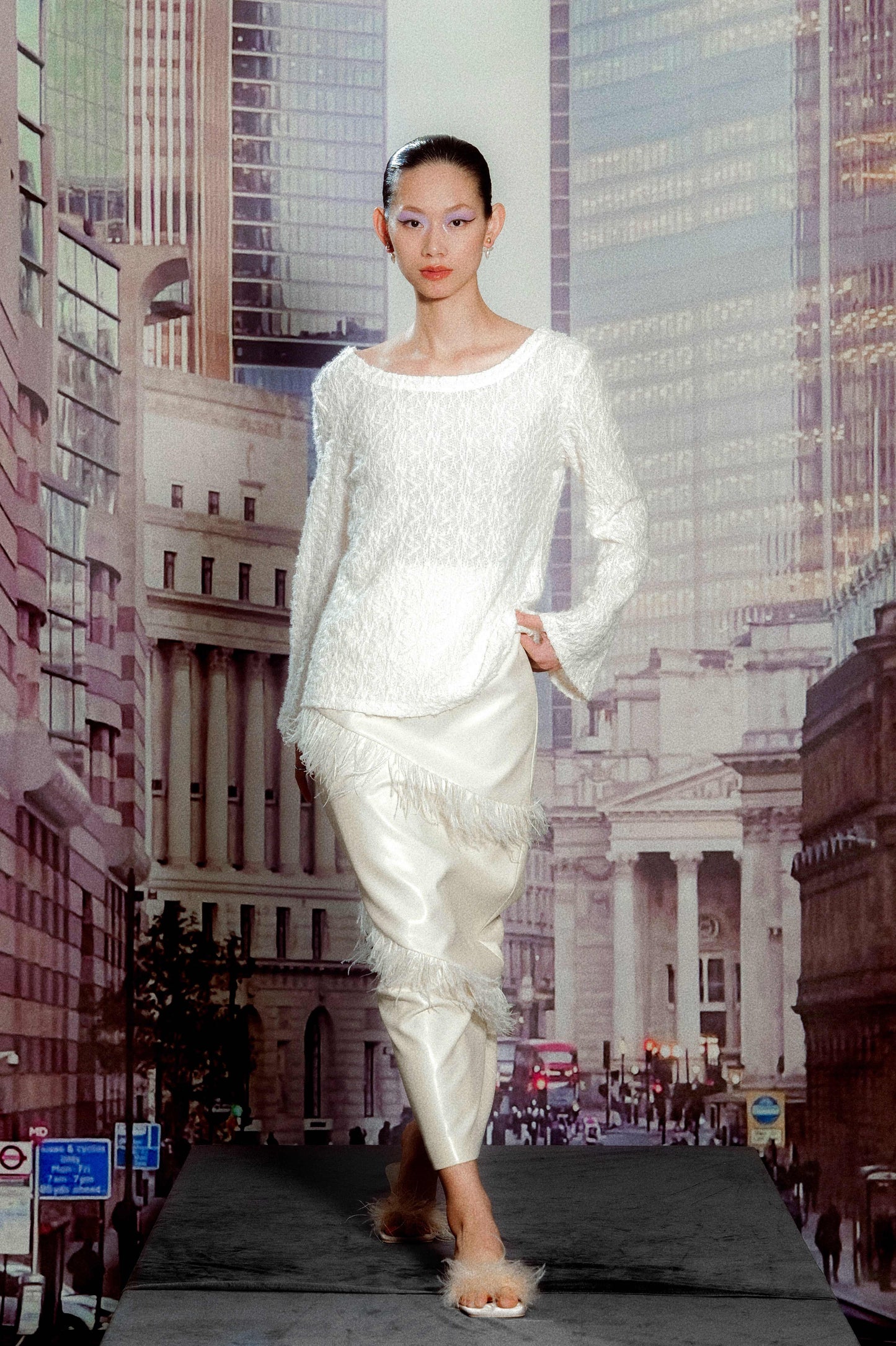 Loose Long Sleeve Textured Top with Ostrich Halter Skirt