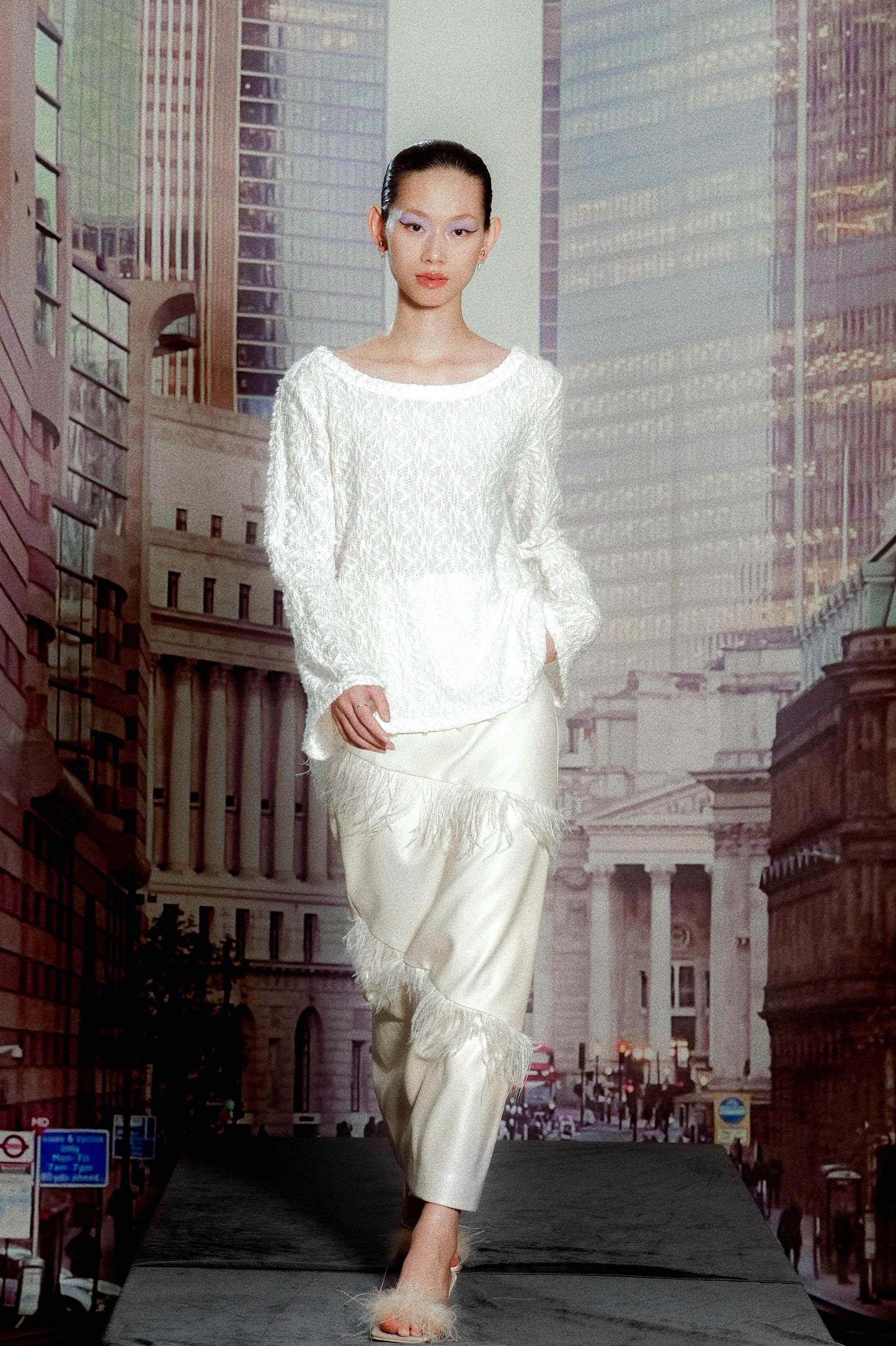 Loose Long Sleeve Textured Top with Ostrich Halter Skirt