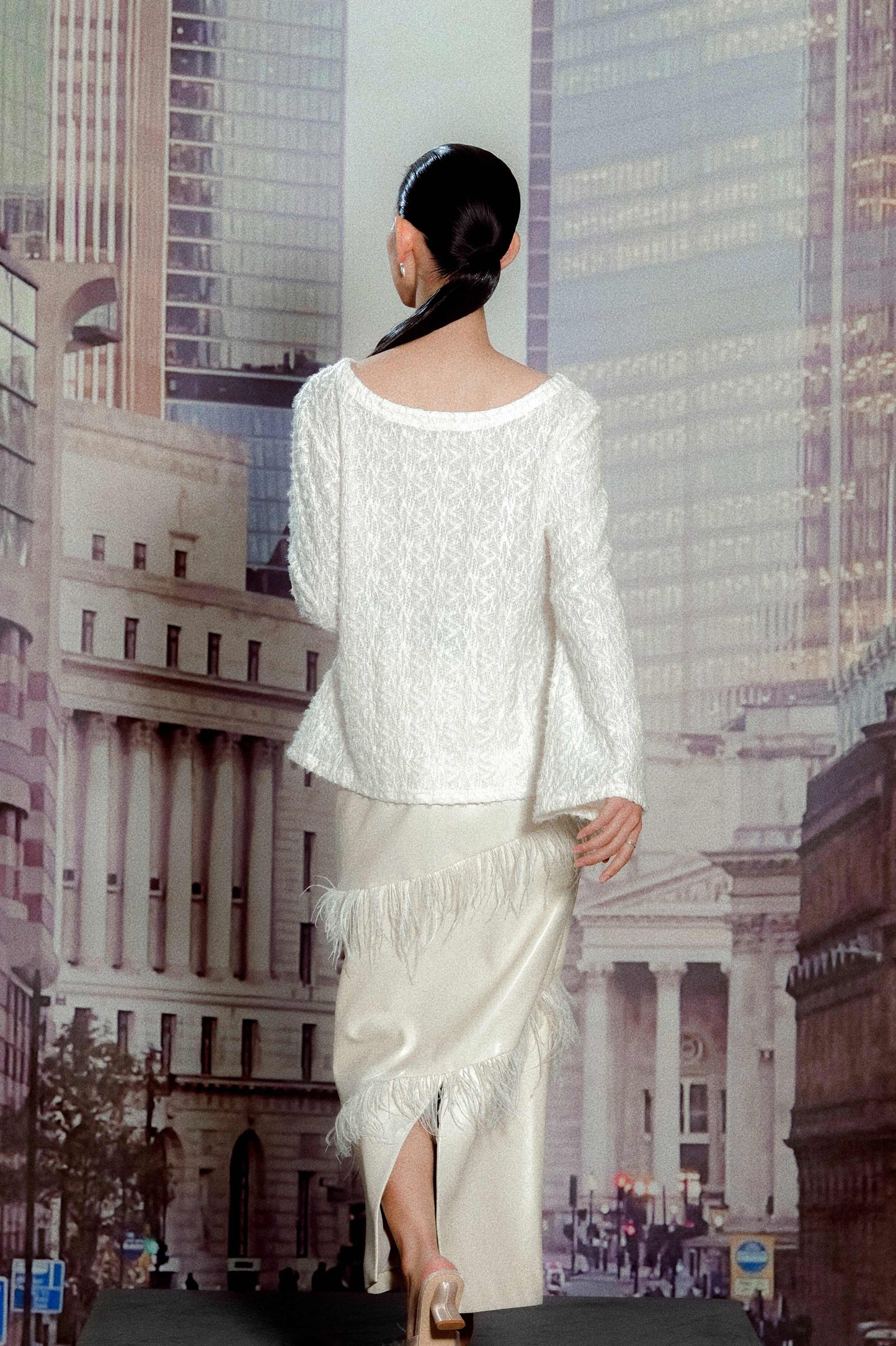 Loose Long Sleeve Textured Top with Ostrich Halter Skirt