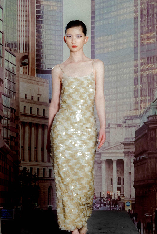 Beige Almond Sequin Halter Maxi Dress