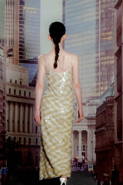 Beige Almond Sequin Halter Maxi Dress