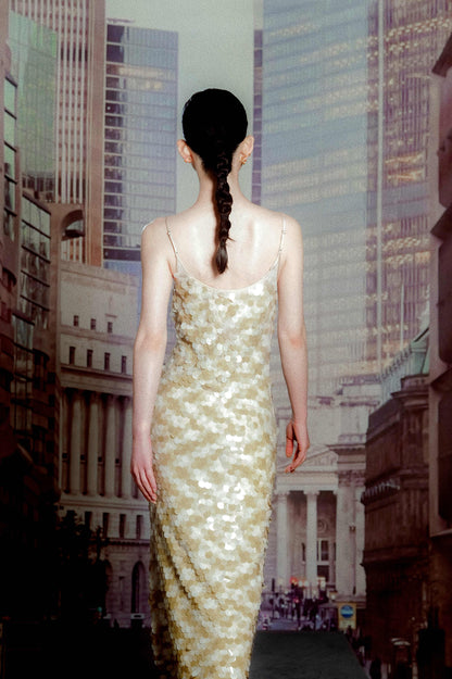 Beige Almond Sequin Halter Maxi Dress