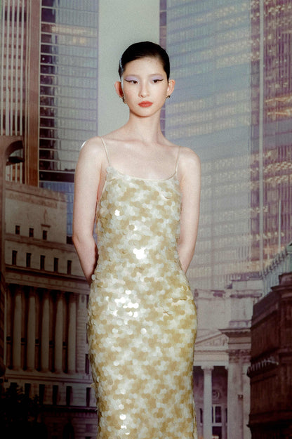 Beige Almond Sequin Halter Maxi Dress