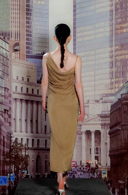 Copper-Tone A-Line Pleated Mesh Dress