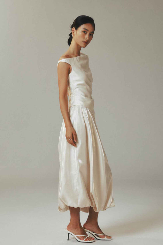 Relaxed Satin Button Pleat Pod Half Skirt