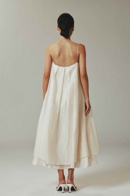 Beige Tencel Tulle Spaghetti Strap Overlay Maxi Dress