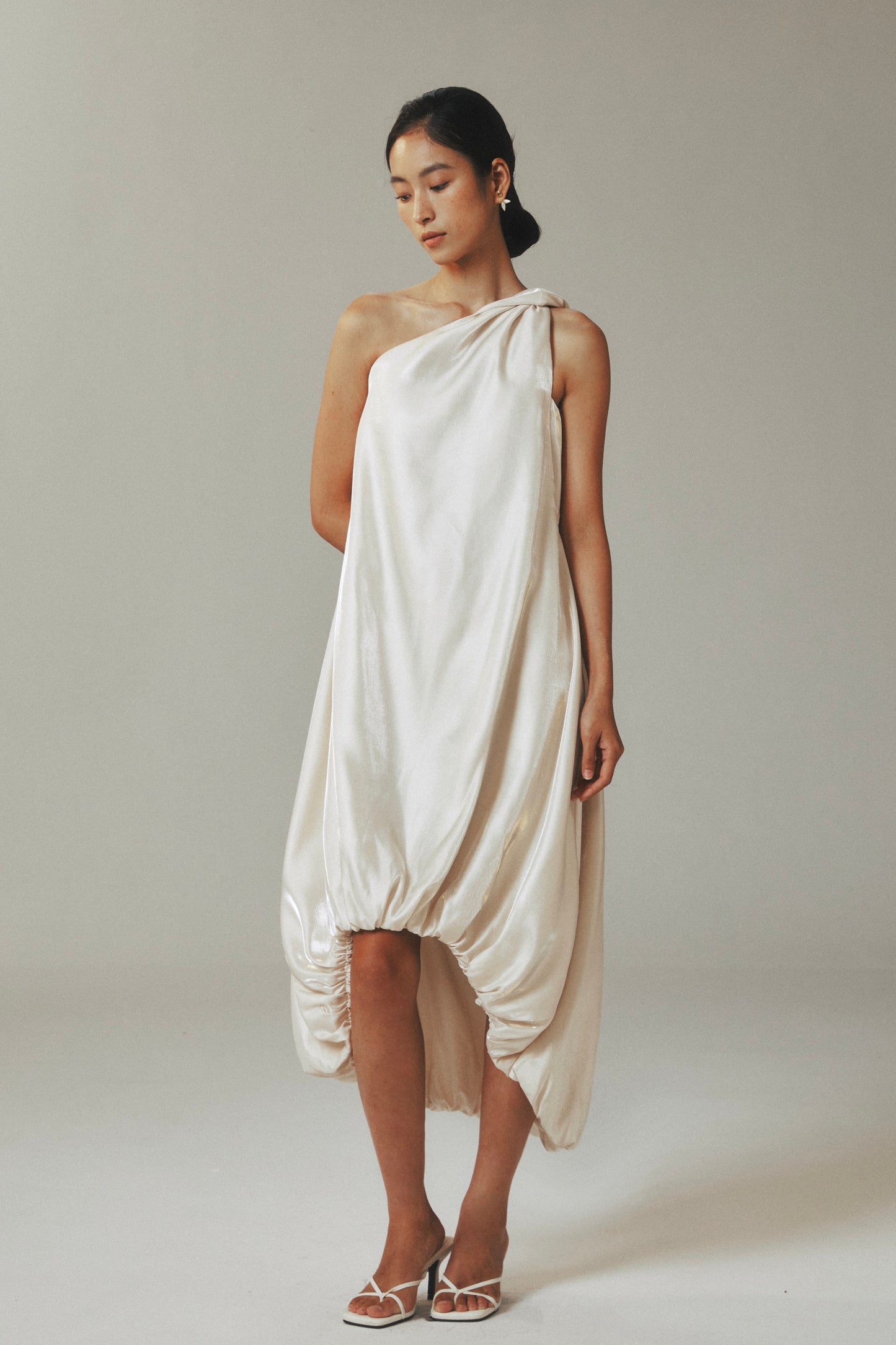 One-Shoulder Gold Satin Teardrop Maxi Dress