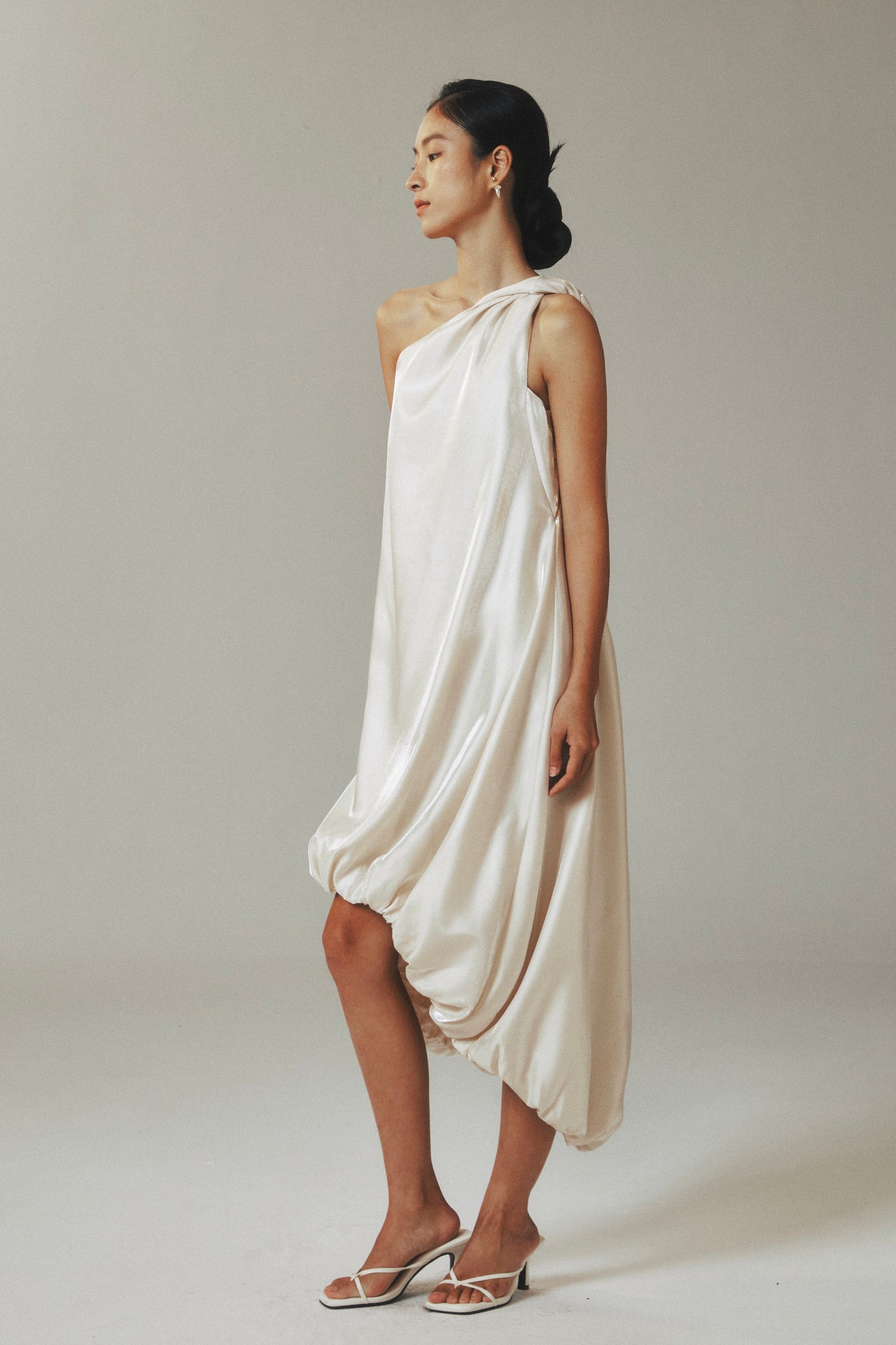One-Shoulder Gold Satin Teardrop Maxi Dress