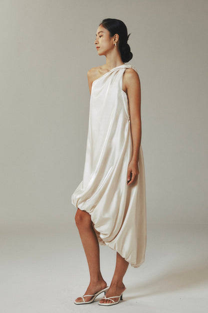 One-Shoulder Gold Satin Teardrop Maxi Dress