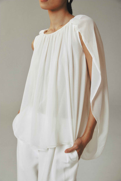 White Reversible Tulle Drape Top