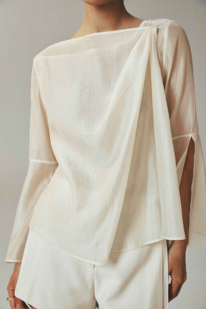 Lightweight Beige Tencel Long Sleeve Top