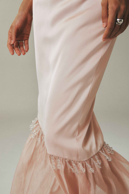 Beaded Teardrop Pink Satin Tencel Fishtail Skirt