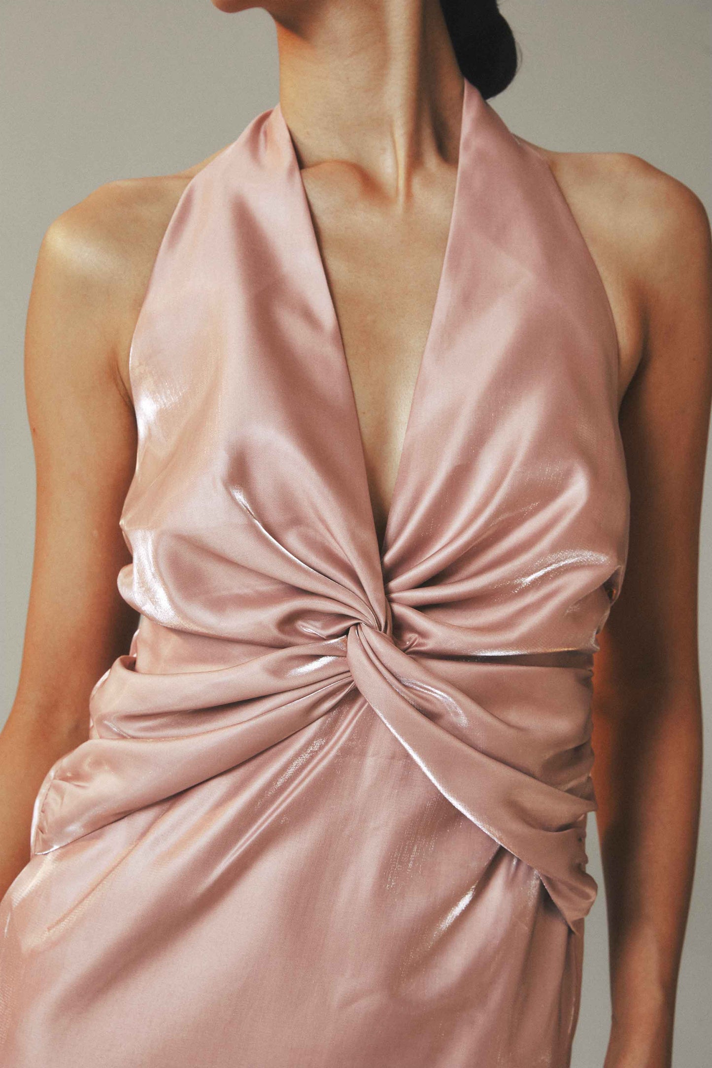Pleated Button Pink Satin Beaded Backless Cocktail Dress