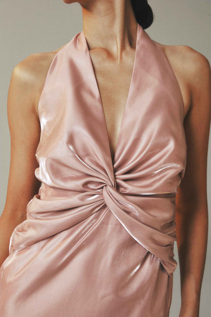 Pleated Button Pink Satin Beaded Backless Cocktail Dress