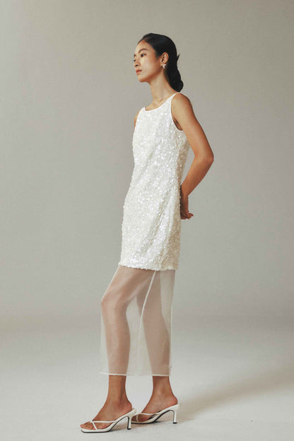 White Sequin Mini Dress with Tulle Overlay