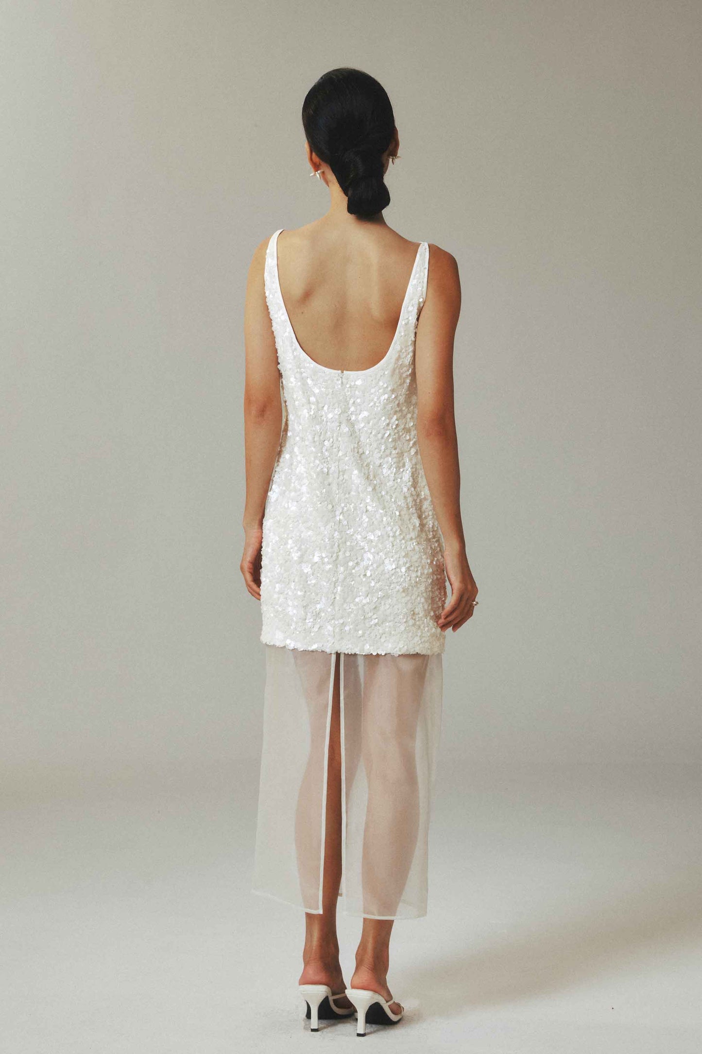 White Sequin Mini Dress with Tulle Overlay