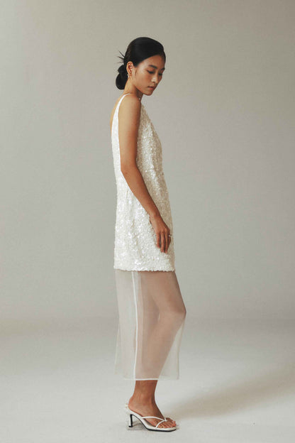 White Sequin Mini Dress with Tulle Overlay