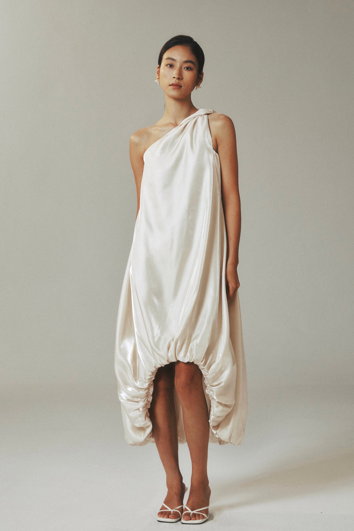 One-Shoulder Gold Satin Teardrop Maxi Dress