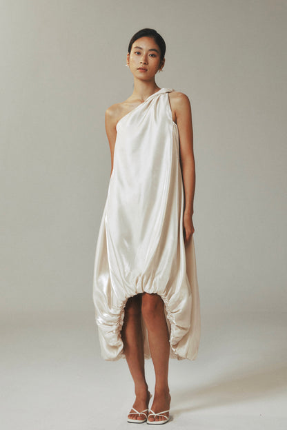 One-Shoulder Gold Satin Teardrop Maxi Dress
