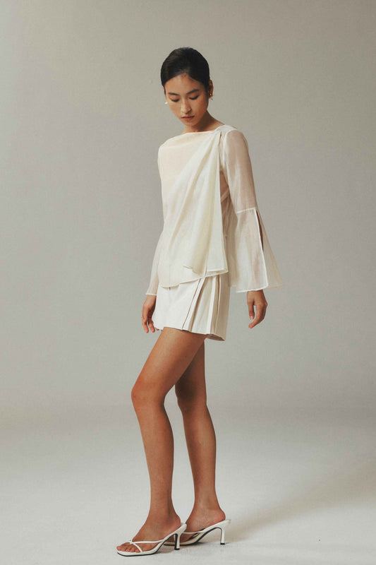 Lightweight Beige Side-Pleated Tailored Shorts