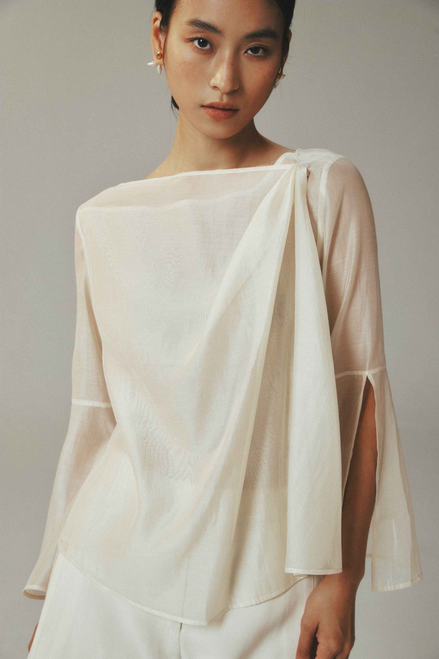 Lightweight Beige Tencel Long Sleeve Top