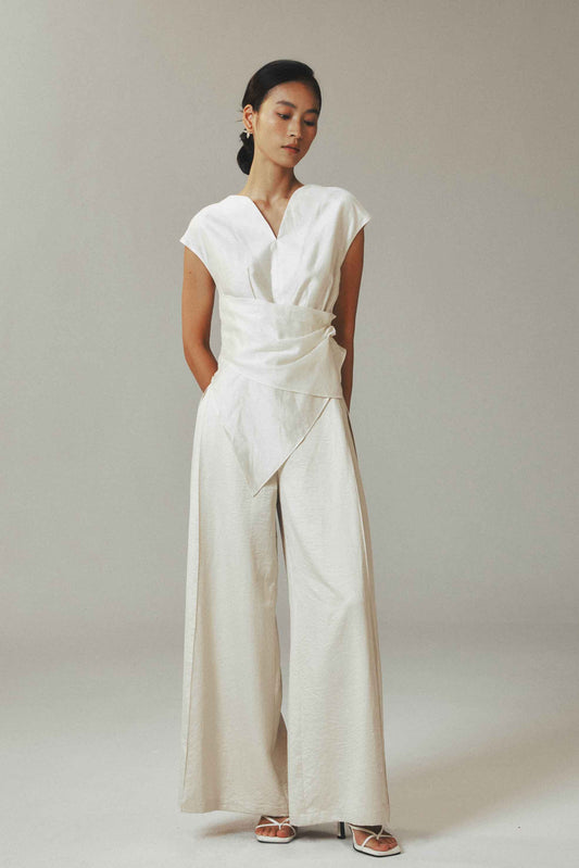 Beige Linen Butterfly Sleeve Top with Cotton Drawstring