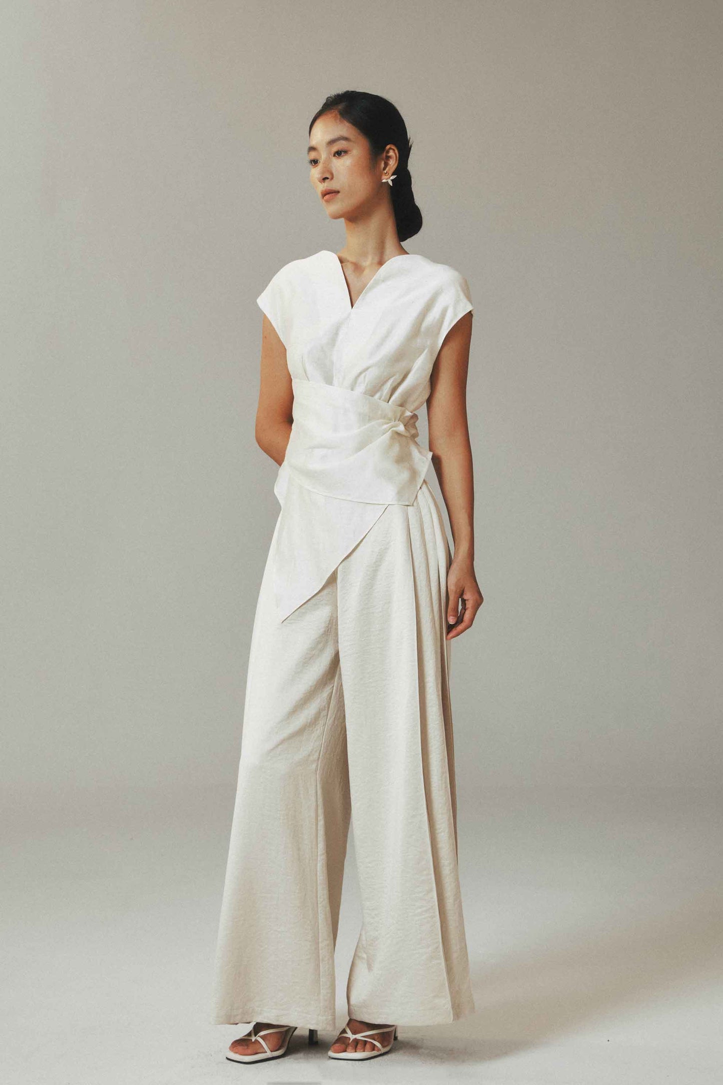 Beige Velvet Wide Leg Trousers with Side Pleats