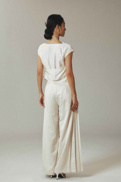 Beige Velvet Wide Leg Trousers with Side Pleats