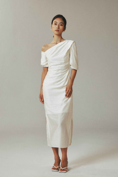 Linen Cotton Maxi Dress with Irregular Diagonal Pleats in Beige