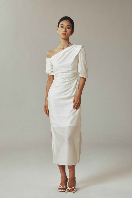 Linen Cotton Maxi Dress with Irregular Diagonal Pleats in Beige
