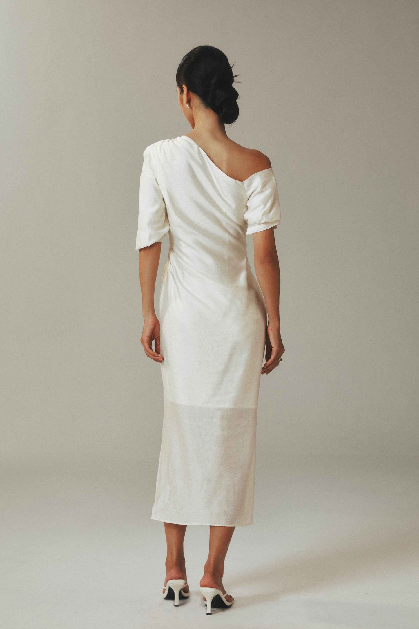 Linen Cotton Maxi Dress with Irregular Diagonal Pleats in Beige