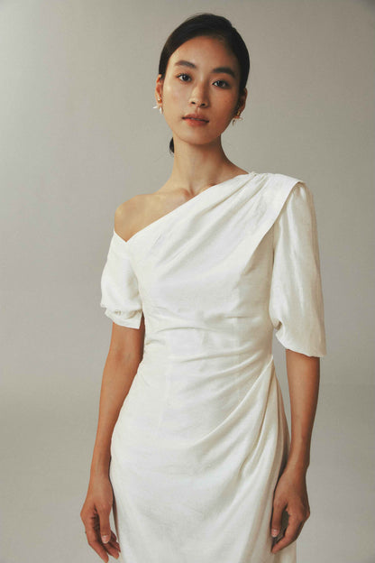 Linen Cotton Maxi Dress with Irregular Diagonal Pleats in Beige